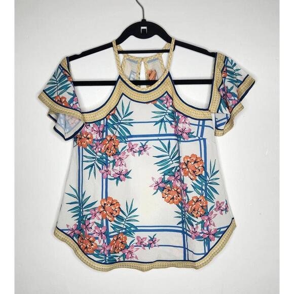Flying Tomato Tops - Flying Tomato Shirt XS Ivory Floral Cold Shoulder Boho Summer Top Tropical